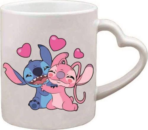 Kişiye Özel Stitch Ve Angle Emoji Kalp Kulplu Süblimasyon Kaliteli Baskılı Porselen Kupa Bardak Kalpli