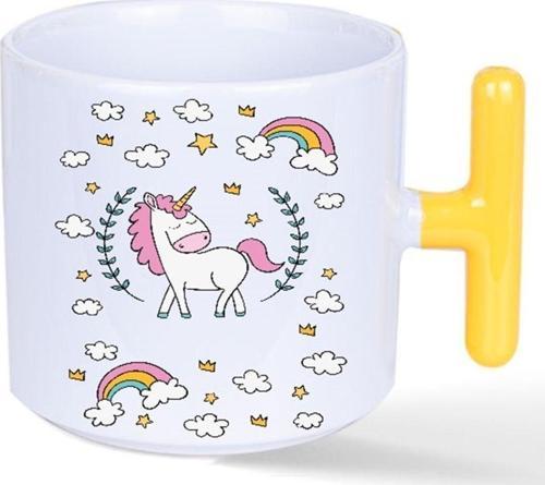 Kişiye Özel Unicorn Kalpli T Kulplu Süblimasyon Baskılı Porselen Kupa Bardak 300ml-185ml Sarı T