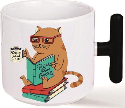 Kişiye Özel Kitap Okuyan Kedi Kalp Kulplu Özel Süblimasyon Baskılı Porselen Kupa Bardak Siyah T