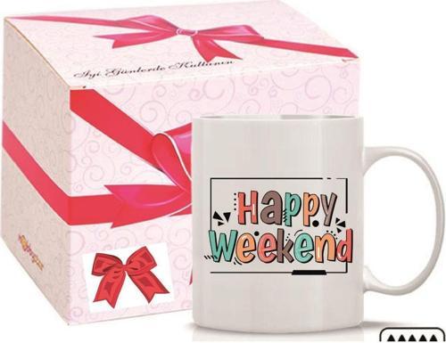 Happy Weekend Renkli Emoji ve Kalp Kulp Özel Süblimasyon Kaliteli Baskılı Porselen Kupa Bardak