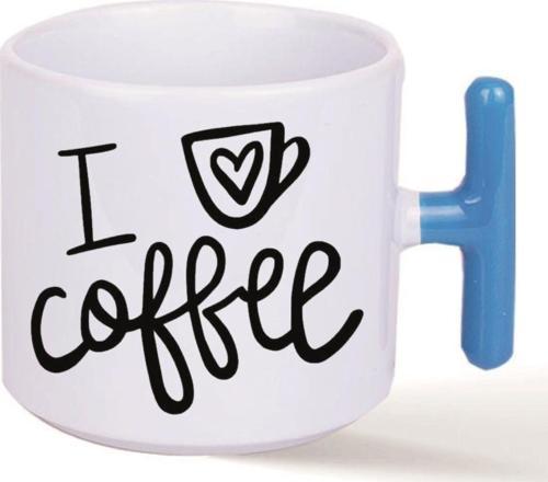 Kişiye Özel Love Coffee Özel Tasarım Hediye Mavi Kulplu Süblimasyon Baskılı Kahve Kupa Bardak