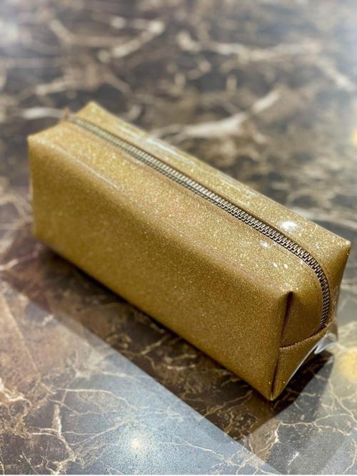Premium Gold Simli Parlak Çanta Okul Kalem Kutusu Makyaj Çantası Fermuarlı Plaj El Çantası 20x9x6cm