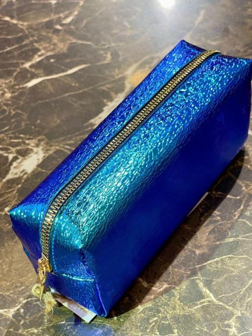 Premium Mavi Metalik Çanta Okul Kalem Kutusu Makyaj Çantası Fermuarlı Plaj El Çantası 20x9x6cm