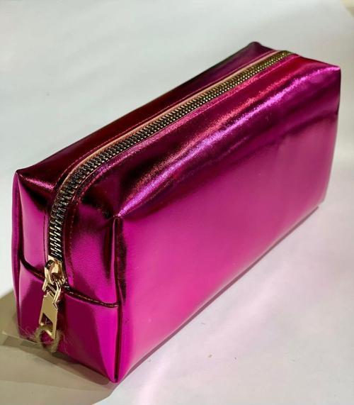 Premium Metalik Renkli Çanta Okul Kalem Kutusu Makyaj Çantası Fermuarlı Plaj El Çantası 20x9x6cm Pembe
