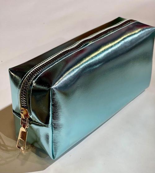 Premium Metalik Renkli Çanta Okul Kalem Kutusu Makyaj Çantası Fermuarlı Plaj El Çantası 20x9x6cm Turkuaz