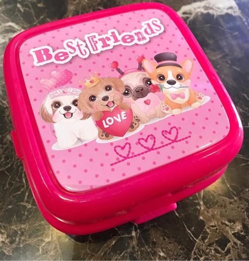 Piano Pembe Kalpli Köpek Desenli 3 Bölmeli Çocuk Kaşık ve Çatal Beslenme Kutusu Saklama Kabı