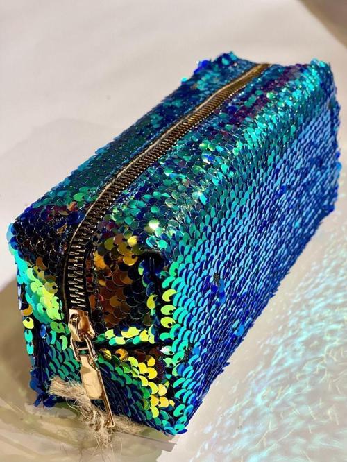 Premium Pullu Renkli Çanta Okul Kalemlik Makyaj Çantası Fermuarlı Plaj El Çantası 20x9x6 cm Mavi