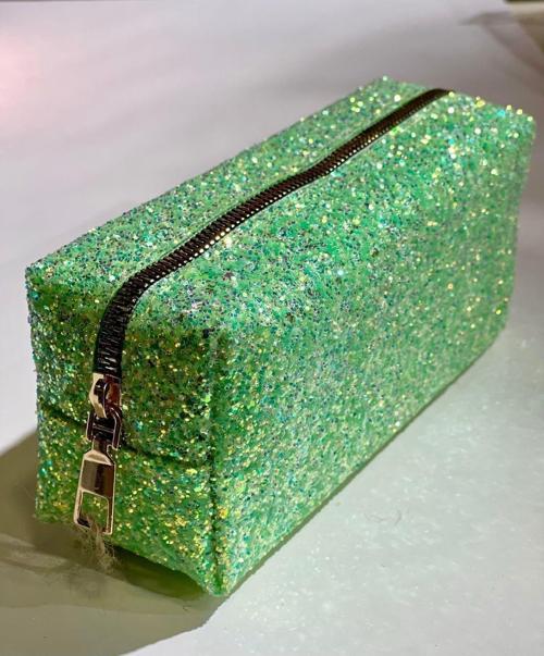 Premium Simli Renkli Çanta Okul Kalemlik Makyaj Çantası Fermuarlı Plaj El Çantası 20x9x6 cm Yeşil