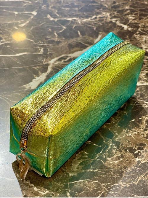 Premium Yeşil Metalik Çanta Okul Kalem Kutusu Makyaj Çantası Fermuarlı Plaj El Çantası 20x9x6cm