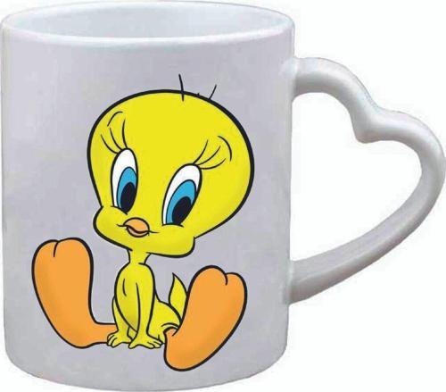 Kişiye Özel Sarı Tweety Çocuk Hediye Emoji Ve Kalp Kulplu Özel Süblimasyon Baskılı Beyaz Kupa Bardak Kalpli Kulp