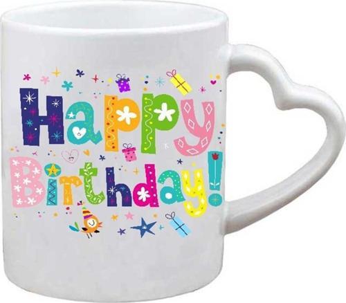 Kişiye Özel Doğum Günü Happy Brithday Kalp kulplu Süblimasyon Baskılı Porselen Kupa Bardak