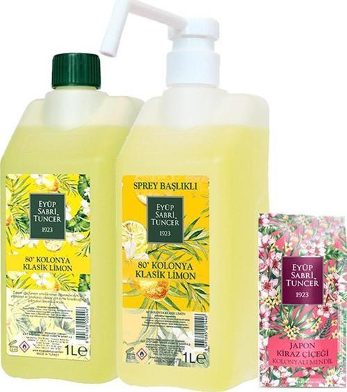 Klasik Limon Kolonyası Yedek ve Sprey Şişe 1 lt, Japon Kiraz Çiçeği Kolonyalı Mendil
