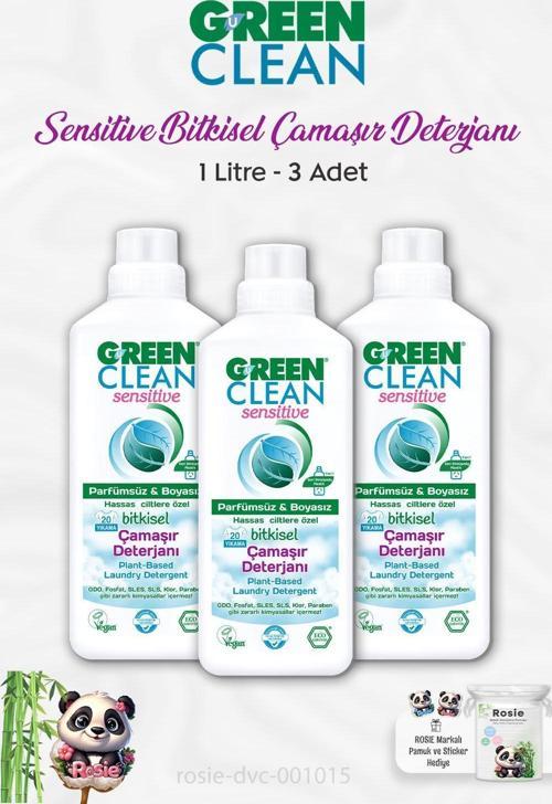 3 Adet Green Clean Sensitive Bitkisel Çamaşır Deterjanı 1 lt ve ROSIE