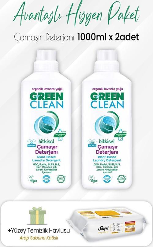 Bitkisel Çamaşır Deterjanı 1 lt x 2 Adet ve Arap Sabunlu Temizlik Havlusu 100' lü