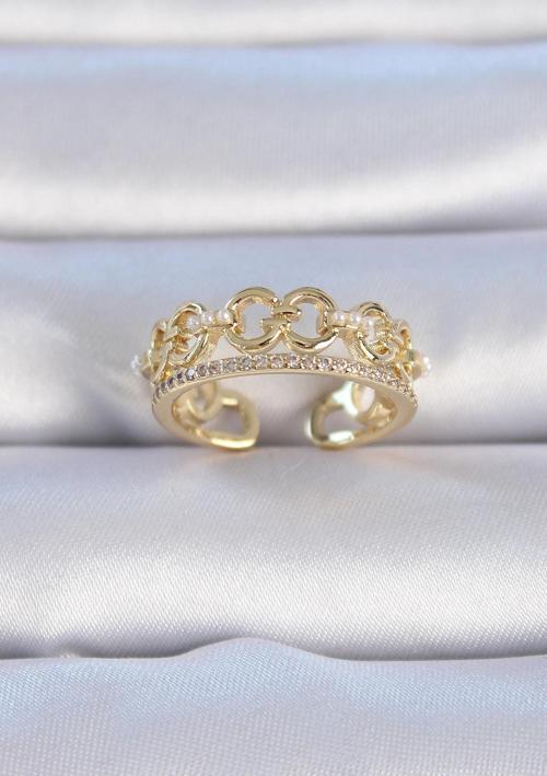 Pirinç Gold Renk Zirkon Taşlı İnci Detay Kadın Yüzük - TJ-BYK3334