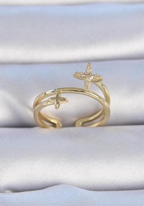 Pirinç Gold Renk Zirkon Taşlı Yıldız Model Kadın Yüzük - TJ-BYK3328