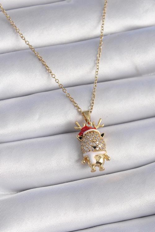316L Çelik Gold Renk Zincir Zirkon Taşlı Yılbaşı Temalı Ren Geyiği Figür Kadın Kolye - TJ-BKO9437