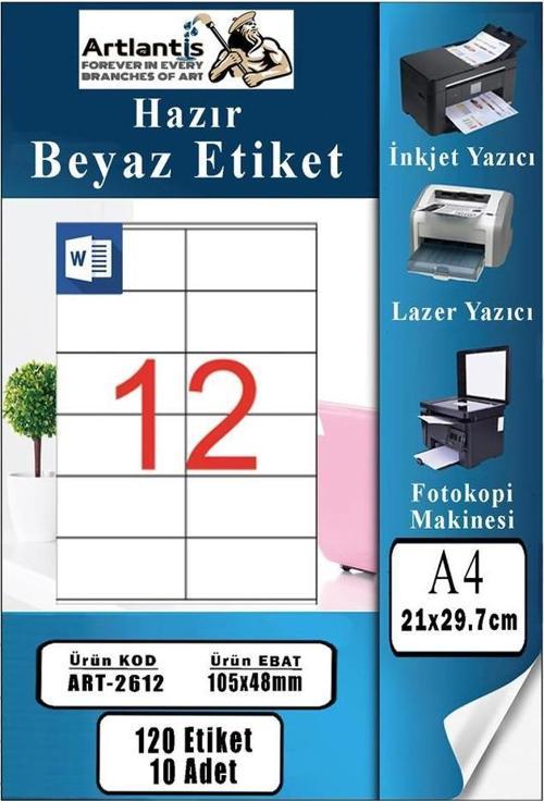 A4 Hazır Etiket 105x48 mm 10 Sayfa 1 Paket 12 li Kendinden Yapışkanlı Fotokopi Lazer İnkjet Kağıdı Yazıcılar İçin Uyumlu