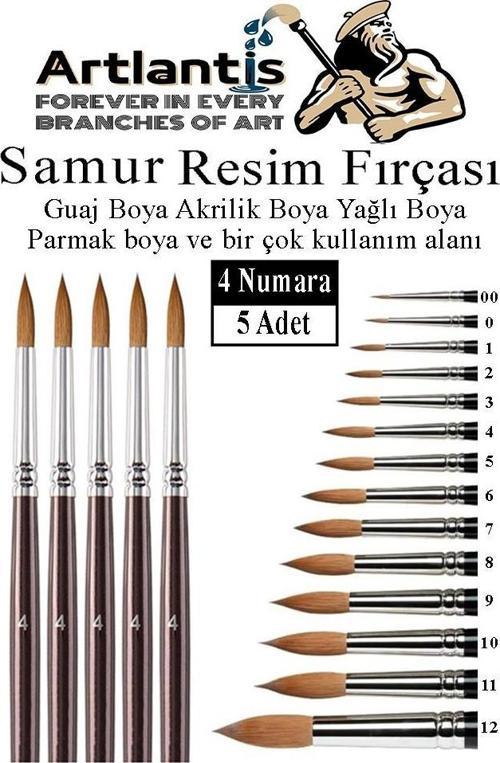 Resim Fırçası 4 Numara 5 li 1 Paket Samur Yuvarlak Uçlu Fırça Seti Guaj Sulu Akrilik Yağlı Boya Fırçaları