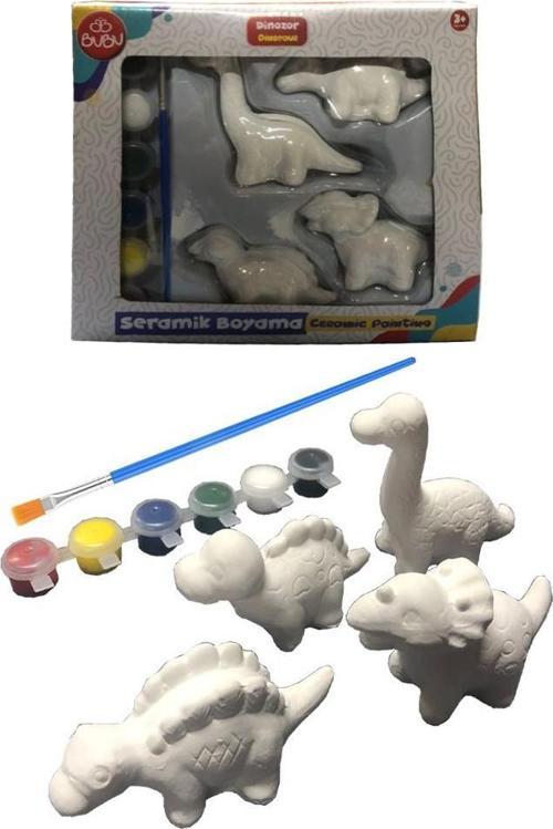 Seramik Dinazor Boyama Seti 1 Paket Dinazor Boyama Etkinliği Alçı 4 Adet Dinazor Modeli 6 Renk Boya ve Fırça