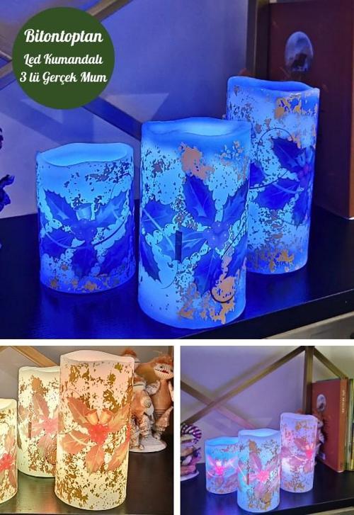 Yılbaşı Noel Temalı 3 lü Set Led Gerçek Mum Kumandalı 9 Renk Yanabilme  ve Animasyonlu Büyük Boy Led