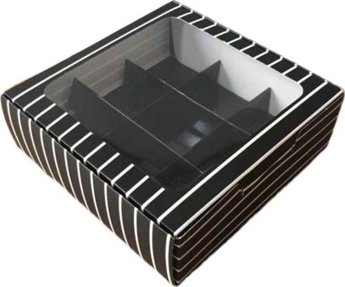 Asetat Pencereli Karton Kutu 15x15x5 CM 9 Bölmeli Kutu (10 Adet)  Çizgili Siyah