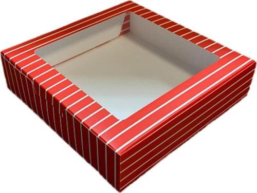 Pencereli Karton Kutu Çizgili  Model 25X25X5 CM (10 Adet)  Kırmızı
