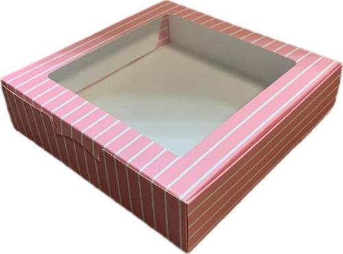 Pencereli Karton Kutu Çizgili Model 20X20X5 CM (10 Adet)  Pembe