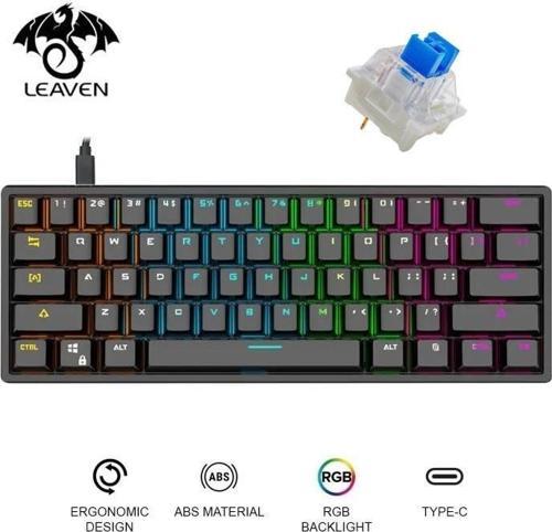Leaven K620 Blue Switch Mekanik Gaming Oyun Klavyesi RGB 61 Key Mavi Tuş Type-C Klavye Siyah