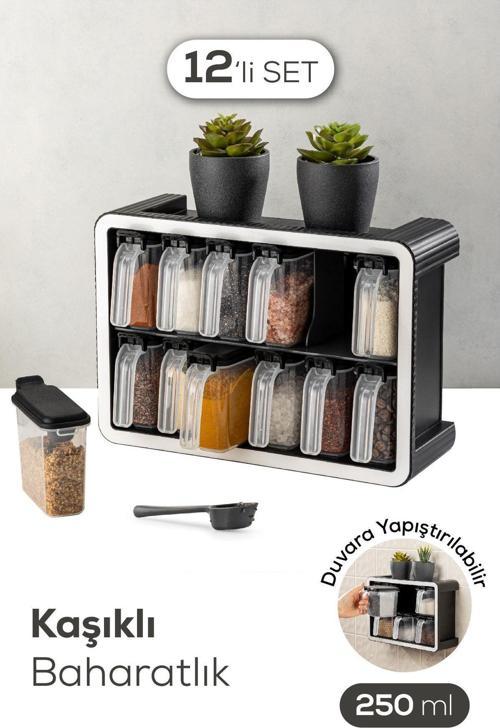 12li 250 ml Standlı Kendinden Yapışkanlı Kaşıklı Baharatlık Seti Antrasit