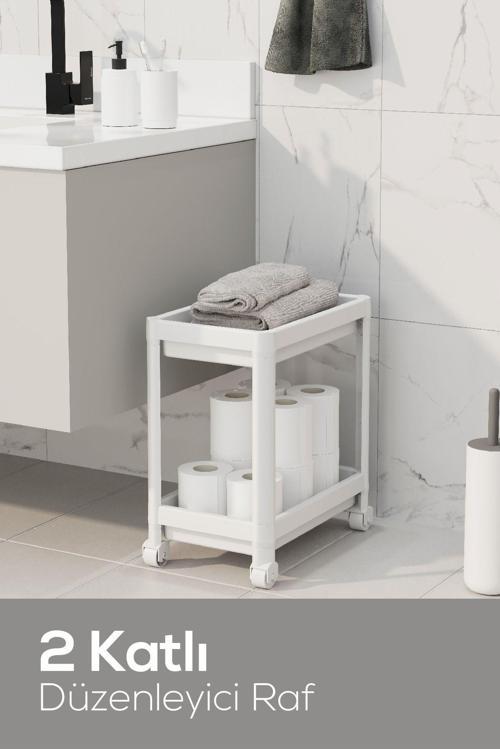 2 Katlı Tekerlekli Düzenleyici Raf - Banyo Dolabı Mutfak Tezgah ve Evye Altı Düzenleyici Beyaz