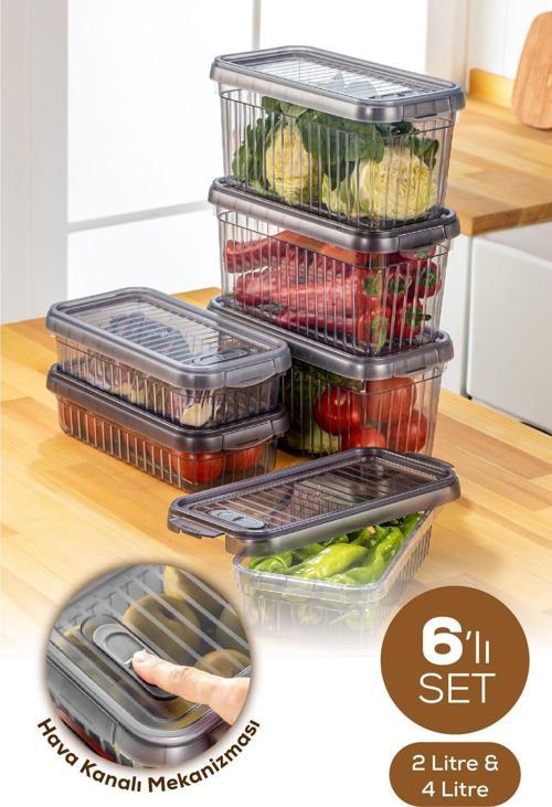 6lı Kendinden Çizgili Kilitli Kapaklı Saklama Kabı Seti 3x(2 LİTRE - 4 LİTRE)