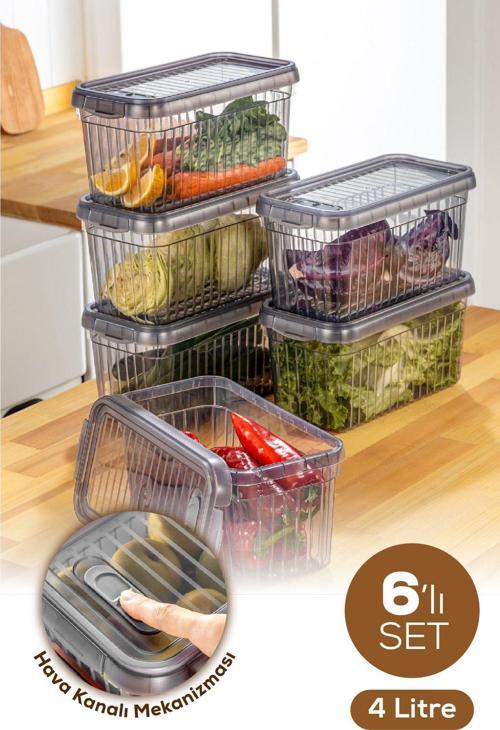 6lı Kendinden Çizgili Kilitli Kapaklı Saklama Kabı Seti 4 Litre