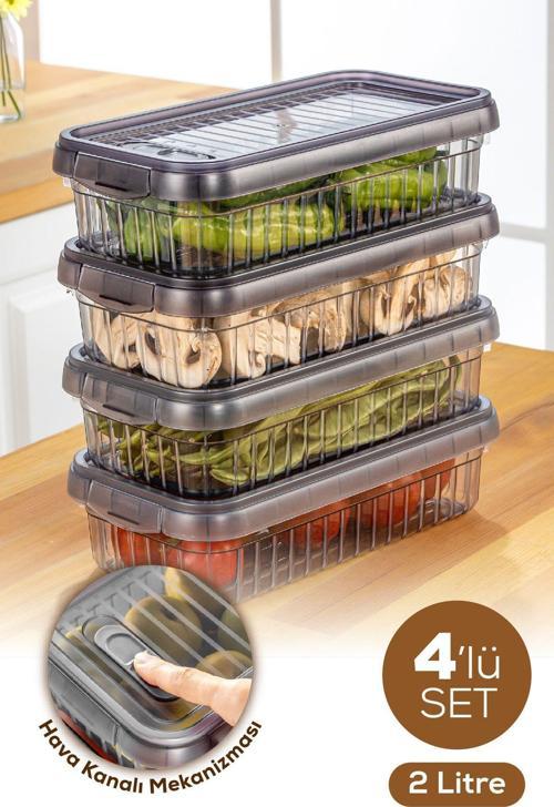 4lü Kendinden Çizgili Kilitli Kapaklı Saklama Kabı Seti 2 Litre
