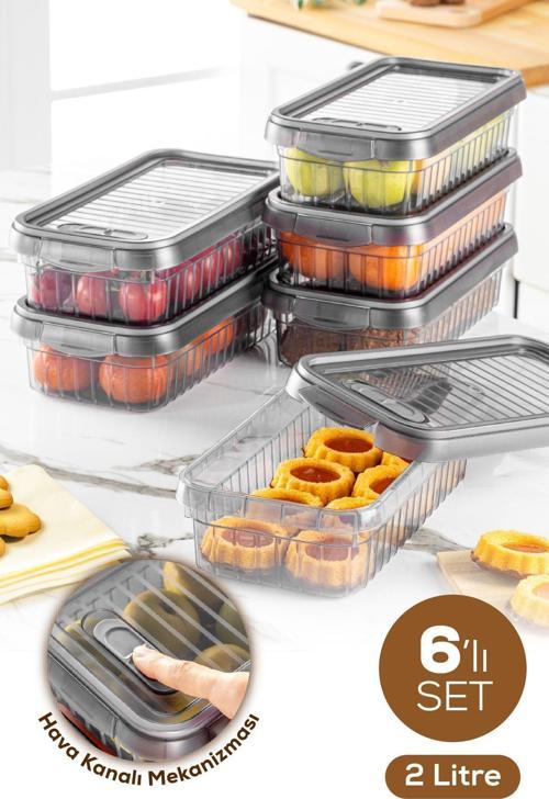 6lı Kendinden Çizgili Kilitli Kapaklı Saklama Kabı Seti 2 Litre