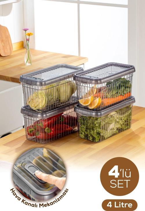 4lü Kendinden Çizgili Kilitli Kapaklı Saklama Kabı Seti 4 Litre