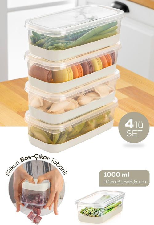 4 Parça 1000 ml Silikon Tabanlı Derin Dondurucu - Difriz Saklama Kabı Gri