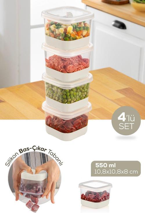 4 Parça 550 ml Silikon Tabanlı Derin Dondurucu - Difriz Saklama Kabı Beyaz