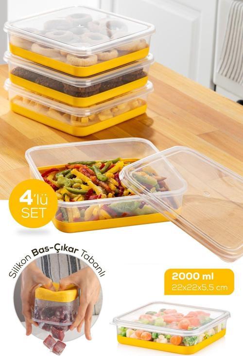4 Parça 2000 ml Silikon Tabanlı Derin Dondurucu - Difriz Saklama Kabı Sarı
