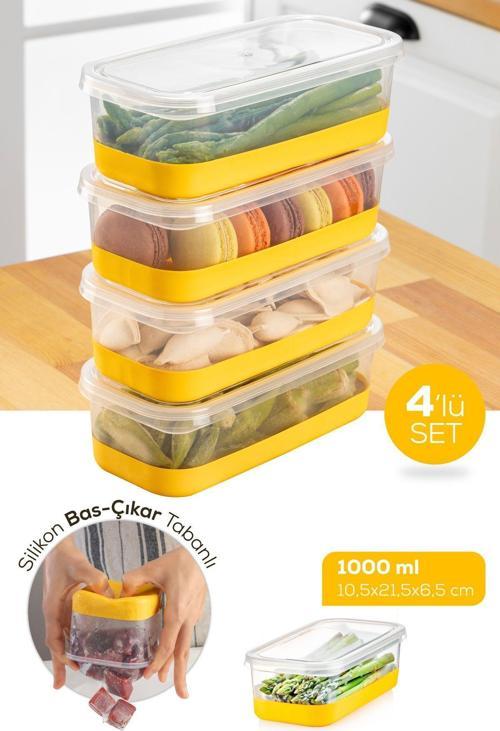 4 Parça 1000 ml Silikon Tabanlı Derin Dondurucu - Difriz Saklama Kabı Sarı