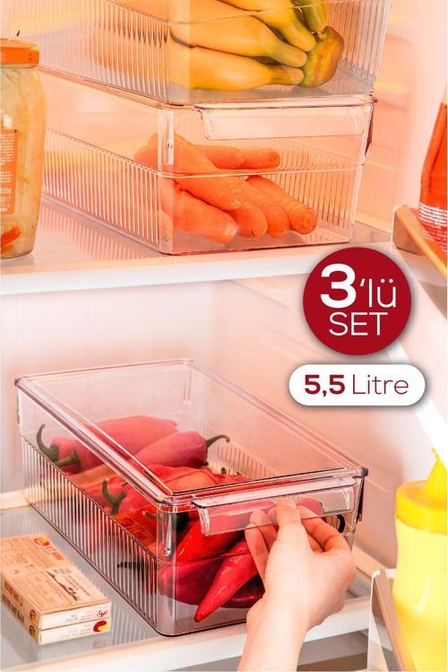 3lü 5,5 Litre Kapaklı Midi Buzdolabı Dolapiçi Düzenleyici Organizer