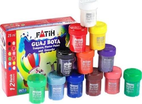 Guaj Boya 12 Renk 25 ml 1 Paket Fatih Guaj Boya Seti 12 li Su Bazlı Şişe İçerisinde Okul Resim