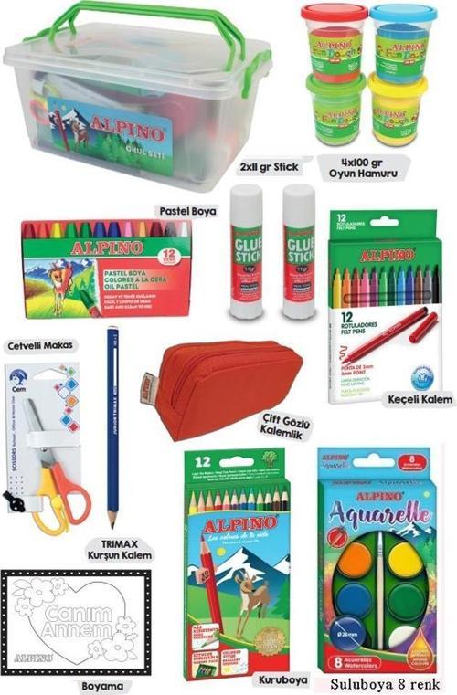 Okul Kırtasiye Seti 15 Parça 1 Paket Alpino Keçeli Kalem Kuruboya Pastel Boya Oyun Hamuru Makas Stick Yapıştırıcı