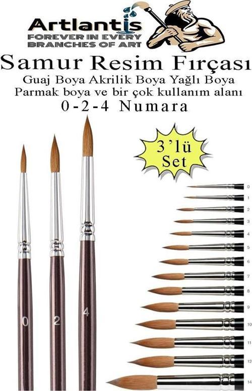 Resim Fırçası 0 - 2 - 4 Numara 1 Paket 3 lü Samur Yuvarlak Uçlu Fırça Seti Guaj Sulu Akrilik Yağlı Boya Fırçaları