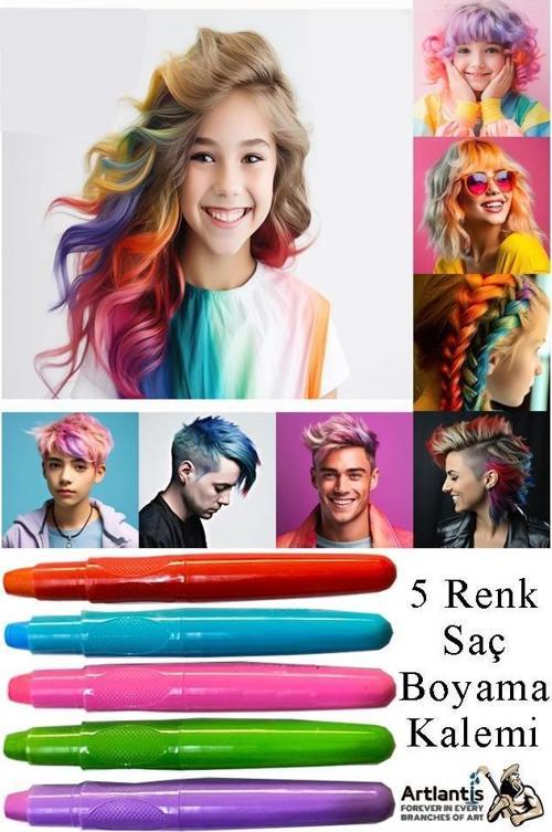 Saç Boyama Kalemi 5 Renk 1 Paket Bubu Saç Boyama Tebeşiri 5 Li Yıkanabilir Mini Tarak Hediyeli Hair Chalk Pen