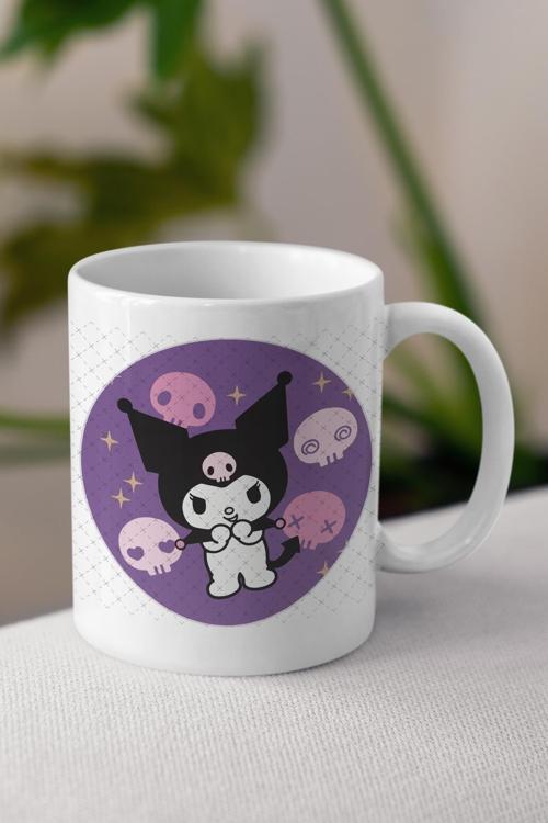 Kişiye Özel İsim Yazılabilir Kuromi Kawaii Mor Dizayn Beyaz Kupa Bardak