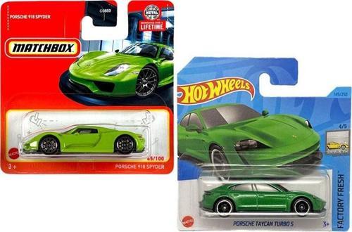 2 Araç Porsche Set - Hot Wheels Taycan Turbo S & Matchbox 918 Spyder (1/64)