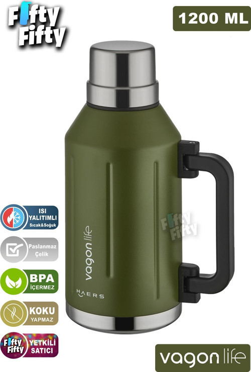 1.2 Litre Bardaklı Kullanım Kulplu Paslanmaz Çelik Termos-FFVGN1004-1200ML