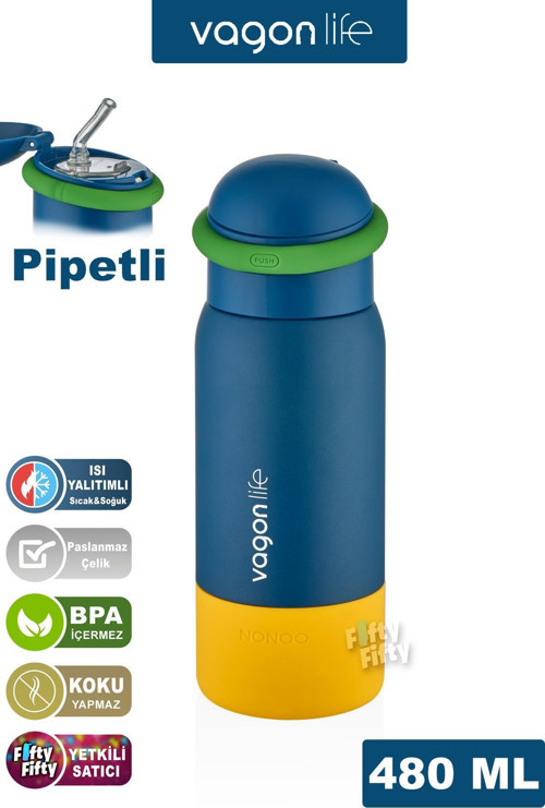 480 ML Çocuk Pipetli Paslanmaz Çelik Termos/Su Matarası-FFVGN1006-480ML
