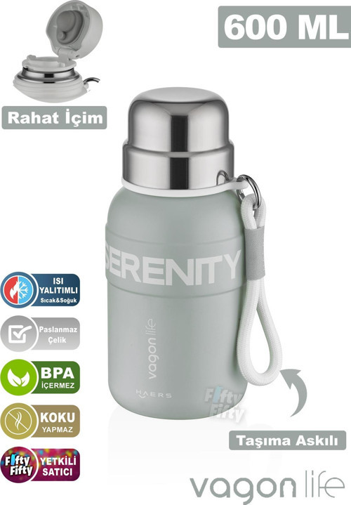 600 ML Paslanmaz Çelik Termos/Su Matarası Rahat İçim-Taşıma Askılı-FF1005-600ml